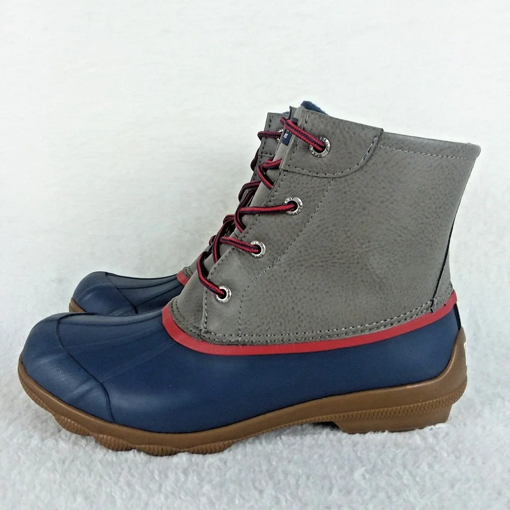 Sperry Syren Gulf Duck Rain Boots Ankle Zip Navy‎ Red Gray Women's 8 Winter Rain